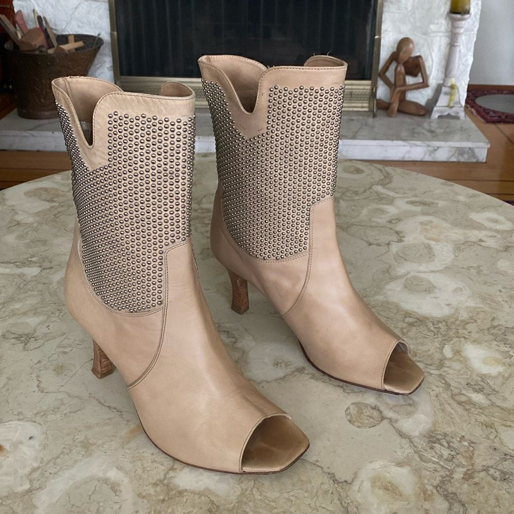 Aquatalia Lambskin Leather Peep Toe Heeled Booties Silver Studs